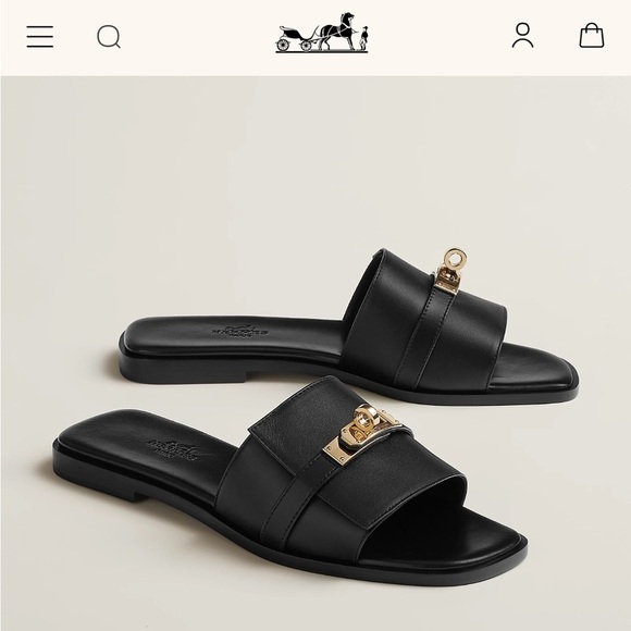 Hermes Giulia Black Slide Sandals with Gold Clasp - Picture 2 of 13